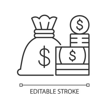 Nakit doğrusal simge. Para torbası. Para ya da madeni para. Hükümet tahvilleri ve bankalar. İnce çizgi özelleştirilebilir illüstrasyon. Contour sembolü. Vektör izole çizim. Düzenlenebilir vuruş