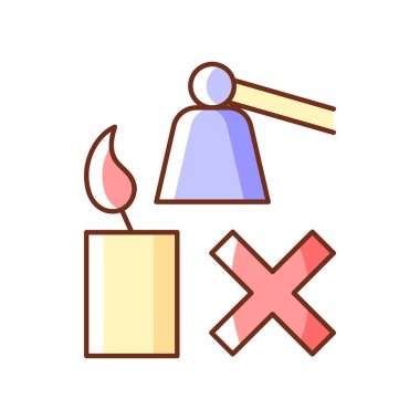 Yanıp sönen mum RGB renk etiketi simgesi. Hızlı ve dengesiz yanmayı önle. Dumandan kaçınmak, ıslanmaktır. İzole vektör çizimi. Ürün kullanma talimatları için basit çizgi çizimi