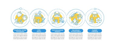 Çocuk kaçırma ve ticari vektör bilgi şablonu. Sunum tasarım elementleri. Veri görselleştirmesi 5 adımda. İşlem zaman çizelgesi bilgi şeması. Satır simgeleriyle çalışma akışı düzeni