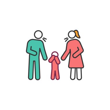 Ebeveynlik sorunları RGB renk simgesi. Ebeveynler küfreder ve çocuk acı çeker. Evlilik krizi. Yetişkinlik psikolojisi. Aile çatışması. Duygusal çöküntü. İzole vektör çizimi. Basit doldurulmuş çizgi çizimi