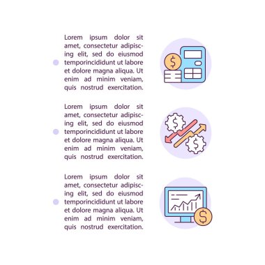 Metinli finansal yönetim konsepti simgeleri. Kopya uzayı ile PPT sayfa vektör şablonu. Broşür, dergi, gazete tasarımı. Beyazlar üzerine iş bütçesi doğrusal çizimler