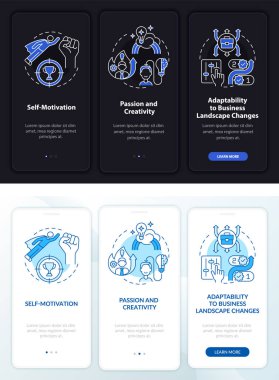 Starting new company onboarding mobile app page screen. Business walkthrough 3 steps graphic instructions with concepts. UI, UX, GUI vector template with linear color illustrations clipart