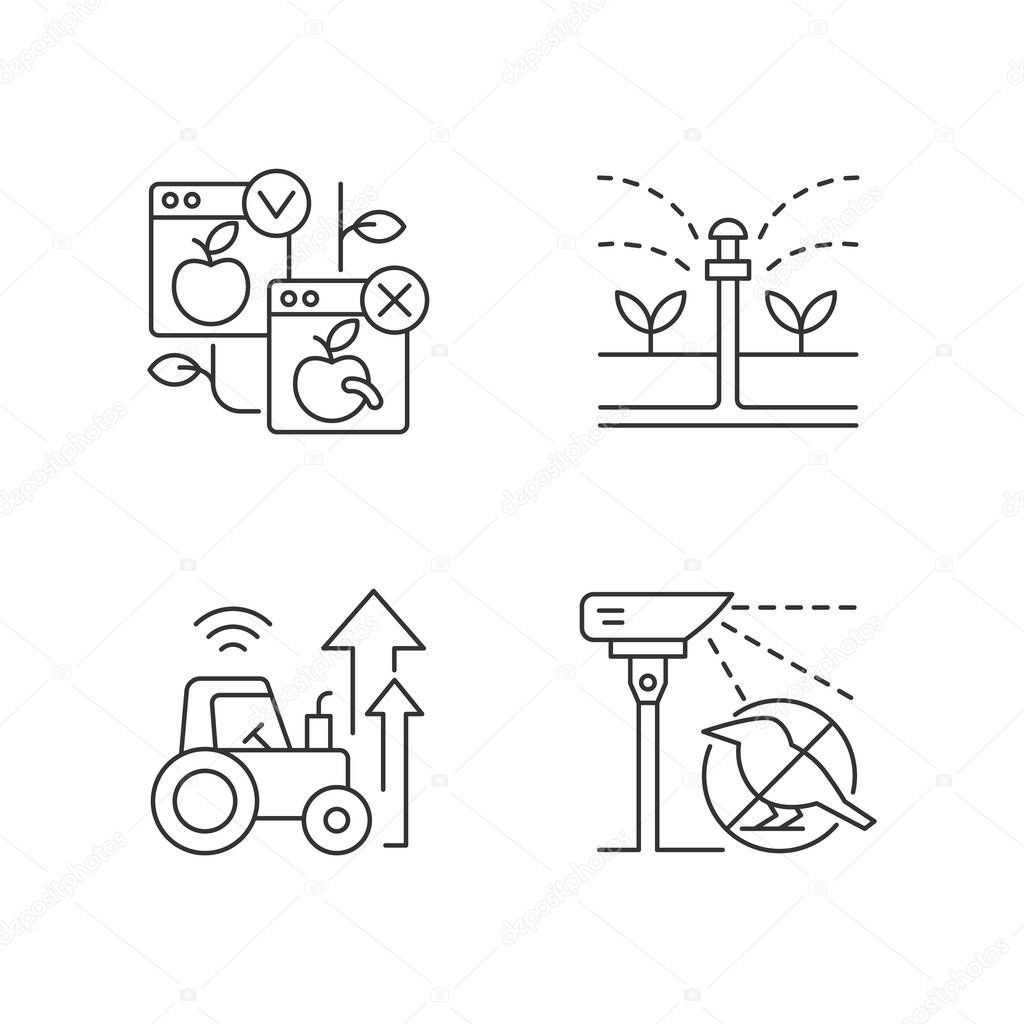 Automated systems in agriculture linear icons set. Irrigation system. Agricultural modernization. Customizable thin line contour symbols. Isolated vector outline illustrations. Editable stroke
