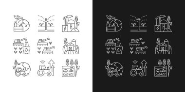Tarım sektörü doğrusal simgeleri karanlık ve aydınlık moduna ayarlandı. Çiftlik modernizasyonu ve yenilik. Özelleştirilebilir ince çizgi sembolleri. İzole vektör çizimi çizimleri. Düzenlenebilir vuruş
