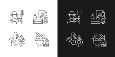 Çevresel çiftçilik doğrusal simgeleri karanlık ve aydınlık moduna ayarlandı. Topraksız, yenilikçi bitkiler büyür. Özelleştirilebilir ince çizgi sembolleri. İzole vektör çizimi çizimleri. Düzenlenebilir vuruş