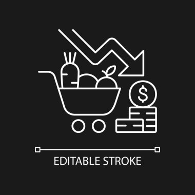 Pazarlama koyu renk tema için beyaz doğrusal simge riskini göze alır. Piyasa kaybı. Finansal başarısızlık. İnce çizgi özelleştirilebilir illüstrasyon. Gece modu için izole vektör kontur sembolü. Düzenlenebilir vuruş