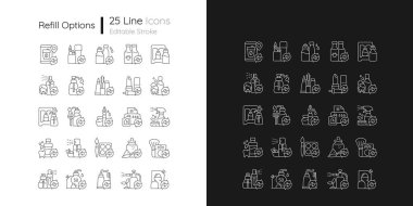 Karanlık ve aydınlık kip için doğrusal simgeleri yeniden doldur. Çevredeki karbon baskısını azaltmak için yeniden kullanılabilir ürünler. Özelleştirilebilir ince çizgi sembolleri. İzole vektör çizimi çizimleri. Düzenlenebilir vuruş