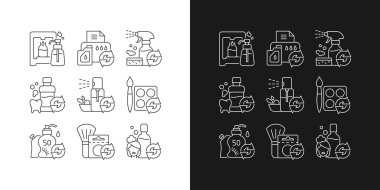 Yeniden kullanılabilir ürün doğrusal simgeleri koyu ve aydınlık mod için ayarlandı. Karbon baskısını azaltmak için yeniden kullanılabilir ürünler. Özelleştirilebilir ince çizgi sembolleri. İzole vektör çizimi çizimleri. Düzenlenebilir vuruş