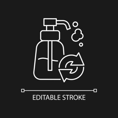 Koyu tema için yenilenebilir sabun dağıtıcı beyaz doğrusal simge. Ürünler için çevre dostu paket. İnce çizgi özelleştirilebilir illüstrasyon. Gece modu için izole vektör kontur sembolü. Düzenlenebilir vuruş