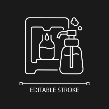 Koyu renk tema için beyaz sabunlu doğrusal simge. Yurt içi kozmetik ürünleri için çevre dostu paket. Sabun standı. İnce çizgi özelleştirilebilir illüstrasyon. Gece modu için izole vektör kontur sembolü. Düzenlenebilir vuruş