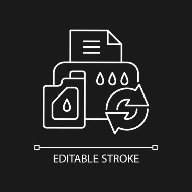 Yazıcı kartuşu koyu tema için beyaz doğrusal simgeyi doldurur. Ofis için yeniden kullanılabilir mürekkep kutusu. İnce çizgi özelleştirilebilir illüstrasyon. Gece modu için izole vektör kontur sembolü. Düzenlenebilir vuruş