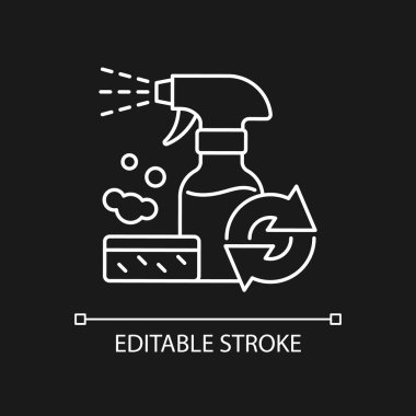Koyu tema için yenilenebilir temizleme şişesi beyaz doğrusal simgesi. İç çamaşır ürünleri tedarik ediliyor. İnce çizgi özelleştirilebilir illüstrasyon. Gece modu için izole vektör kontur sembolü. Düzenlenebilir vuruş