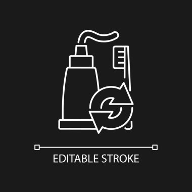 Diş macunu koyu tema için beyaz doğrusal simgeyi doldur. Diş bakımı. Ağız hijyeni. Çevre paketi. İnce çizgi özelleştirilebilir illüstrasyon. Gece modu için izole vektör kontur sembolü. Düzenlenebilir vuruş