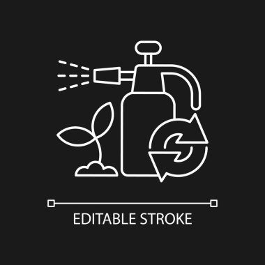 Bahçe kimyasalları koyu renk tema için beyaz doğrusal ikonu doldurur. Böcek ilacı spreyi. Doğal gübre. İnce çizgi özelleştirilebilir illüstrasyon. Gece modu için izole vektör kontur sembolü. Düzenlenebilir vuruş