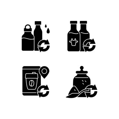 Refillable options black glyph icons set on white space. Water bottle. Milk drink. Reusable coffee cup for take away. Eco friendly package. Silhouette symbols. Vector isolated illustration vector Refillable options black glyph icons set on white space. Water bottle. Milk drink. Reusable coffee cup for take away. Eco friendly package. Silhouette symbols. Vector isolated illustration vector