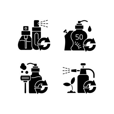 Ürünler beyaz alana ayarlanmış siyah kabartma simgelerini yeniden doldurur. Parfüm spreyi. Güneş kremi şişesi. Çevre dostu pakette tıraş köpüğü. Siluet sembolleri. Vektör izole illüstrasyonu