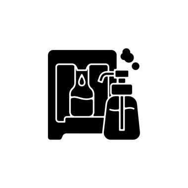 Soapstand siyah kabartma ikonu. Yurt içi kozmetik ürünleri için çevre dostu paket. Sabun standı. Krema makinesi. Cilt bakımı için doğal losyon. Beyaz uzayda siluet sembolü. Vektör izole illüstrasyonu