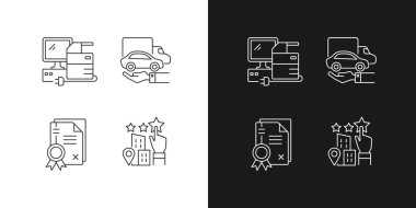 Şirket resim doğrusal simgeleri karanlık ve aydınlık moduna ayarlandı. İyi niyet. Teknik ekipman ve sahipli araçlar. Özelleştirilebilir ince çizgi sembolleri. İzole vektör çizimi çizimleri. Düzenlenebilir vuruş