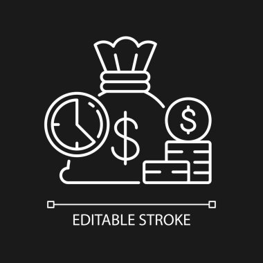 Karanlık tema için kısa vadeli beyaz doğrusal simge. Yatırım için bir miktar para. Banka parası. İnce çizgi özelleştirilebilir illüstrasyon. Gece modu için izole vektör kontur sembolü. Düzenlenebilir vuruş