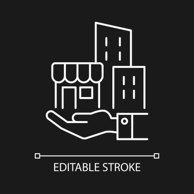 Karanlık tema için beyaz lineer simge oluşturuluyor. Gayrimenkul. Özel mülk. Şirket varlıkları. İnce çizgi özelleştirilebilir illüstrasyon. Gece modu için izole vektör kontur sembolü. Düzenlenebilir vuruş