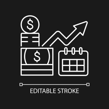 Karanlık tema için uzun vadeli yatırım beyaz doğrusal simgesi. Finansal planlama ve hedeflere ulaşma. İnce çizgi özelleştirilebilir illüstrasyon. Gece modu için izole vektör kontur sembolü. Düzenlenebilir vuruş