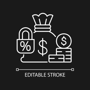 Koyu tema için sabitlenmiş depozito beyaz doğrusal simgesi. Düşük riskli finansal araç. Çanta çantası. İnce çizgi özelleştirilebilir illüstrasyon. Gece modu için izole vektör kontur sembolü. Düzenlenebilir vuruş