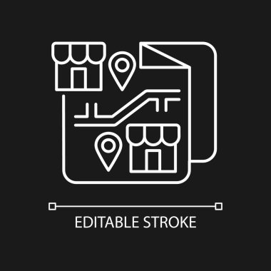 Koyu tema için beyaz doğrusal simge seçiliyor. İş ruhsatı Pazar payı ve dağıtımı. İnce çizgi özelleştirilebilir illüstrasyon. Gece modu için izole vektör kontur sembolü. Düzenlenebilir vuruş