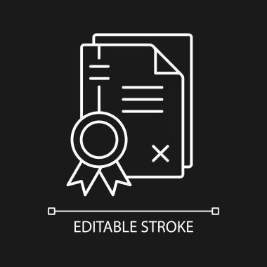 Koyu tema için patent beyaz doğrusal simgesi. Mülk hakları. Fikri mülkiyet. Elle tutulamaz varlık. İnce çizgi özelleştirilebilir illüstrasyon. Gece modu için izole vektör kontur sembolü. Düzenlenebilir vuruş