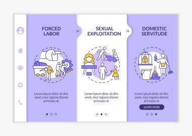 İnsan kaçakçılığı türleri vektör şablonunda. Simgeli ilgili mobil web sitesi. Web sayfası gezintisi 3 adım ekranı. Doğrusal illüstrasyonlu sömürü renk kavramı türleri