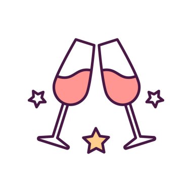 İçkiler RGB renk ikonuna tezahürat yapar. Şarap kadehinde köpüklü şarap. Alkollü kokteyllerle yıldönümü kutlaması. Başarını tebrik ederim. İzole vektör çizimi. Basit doldurulmuş çizgi çizimi