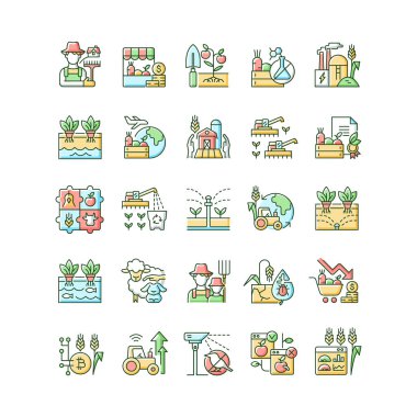 Tarım bağlantılı RGB renk simgeleri seti. Sebze ve meyve yetiştirme, tarım teknolojileri. Çiftçilik yönetimi. İzole vektör çizimleri. Basit çizgi çizimleri koleksiyonu