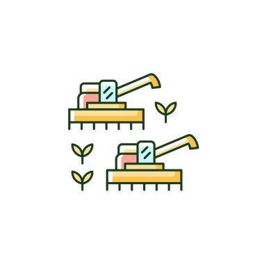 Mekanize tarım RGB renk simgesi. Ekipman ve cihaz kullanımı. Tarım teknolojileri. Çiftçiliğin mekanizasyonu. İzole vektör çizimi. Basit doldurulmuş çizgi çizimi