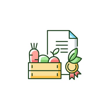 Organik sertifika RGB renk simgesi. Çiftlik malları için gereksinimler. Doğrulama işareti. Kalite işareti. Bitki yetiştirme monitörü. İzole vektör çizimi. Basit doldurulmuş çizgi çizimi