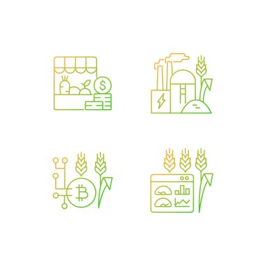 Tarımsal yenilikler doğrusal vektör simgeleri belirlendi. Mal üretimi ve satışı. Alternatif ödeme seçeneği. İnce çizgili sembol demetleri. İzole vektör ana hatları illüstrasyon koleksiyonu