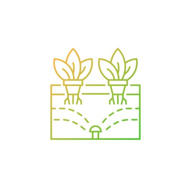 Havacılık gradyan doğrusal vektör simgesi. Bitkileri hava, su ve besinlerle besler. Topraksız kökler. Kapalı alan çiftliği. İnce çizgi renkli semboller. Modern tarz pictogram. Vektör izole çizimi