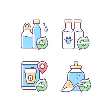 Yenileme seçenekleri RGB renk simgeleri ayarlandı. Su şişesi. Süt içeceği. Sipariş için kahve fincanı. Çevre dostu paket. İzole vektör çizimleri. Basit çizgi çizimleri koleksiyonu