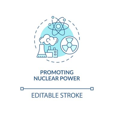 Nükleer güç mavi konsept ikonunun tanıtımı. Temiz ve sürdürülebilir endüstri. Atom enerjisi soyut fikirlerin ince çizgi çizimlerini avantajlı kılar. Vektör izole edilmiş dış hat renk çizimi. Düzenlenebilir vuruş