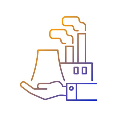 Gradyan doğrusal vektör simgesi üretiliyor. Bitkiler ve mülkiyet. Mal üretimi. Makine endüstrisi. İnce çizgi renkli semboller. Modern tarz pictogram. Vektör izole çizimi