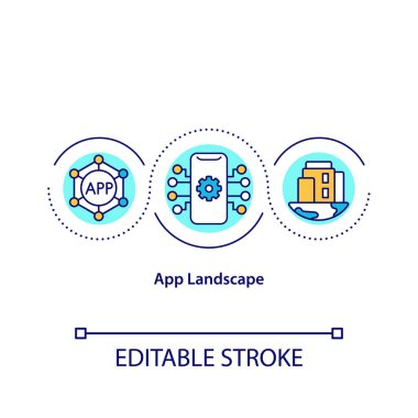 Uygulama peyzaj konsepti simgesi. Uygulama modelleme ve tasarım soyut fikir ince çizgi çizimi. Teknik peyzaj şeması. Vektör izole edilmiş dış hat renk çizimi. Düzenlenebilir vuruş