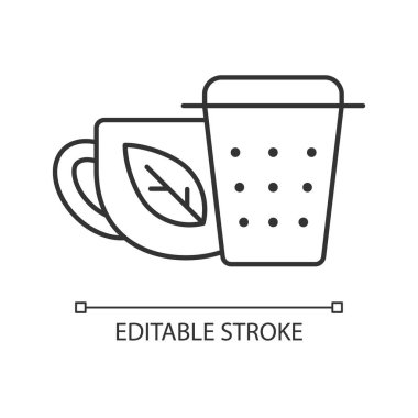 Metal çay doldurucu, süzgeç doğrusal simge. Çay demleme cihazı. İçmek için yaprakları alete koy. İnce çizgi özelleştirilebilir illüstrasyon. Contour sembolü. Vektör izole çizim. Düzenlenebilir vuruş