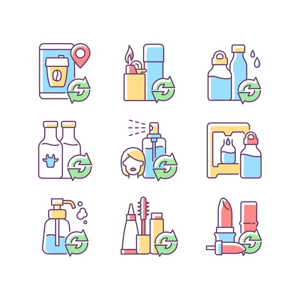 Refillable Products Rgb Color Icons Set Recyclable Eco Friendly Package — Stock Vector