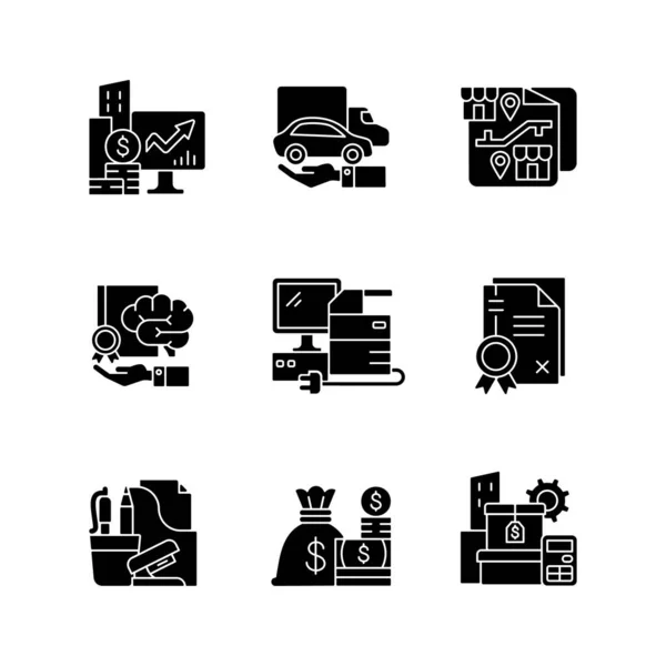 Office Supplies Technical Equipment Black Glyph Icons Set White Space — Stock Vector
