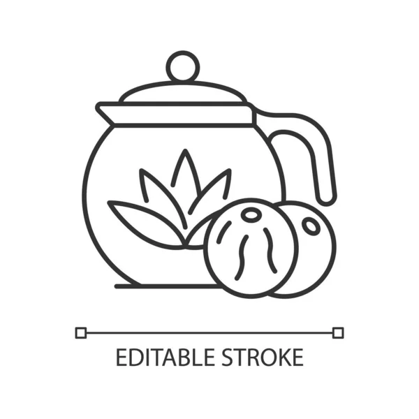 お茶の線型アイコンを咲かせます 茶葉は花で乾く エキゾチックな飲料は透明なマグカップで醸造します 細い線のカスタマイズ可能なイラスト 輪郭のシンボル ベクトル絶縁外形図面 編集可能なストローク — ストックベクタ