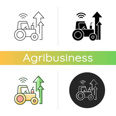 Tarım modernizasyon ikonu. Teknoloji ve çiftçilik bilimi. Modern tarım. Çiftçilik sektöründe yüksek teknoloji yenilikleri. Lineer siyah ve RGB renk stilleri. İzole vektör çizimleri