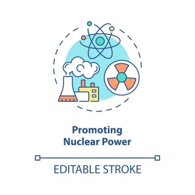Nükleer güç konsept ikonunun tanıtımı. Küçük miktarlarda sera gazı karbondioksit. Atomik enerji soyut fikri ince çizgi çizimi. Vektör izole edilmiş dış hat renk çizimi. Düzenlenebilir vuruş