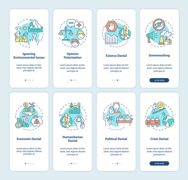 İklim şüpheciliği ve mobil uygulama ekranında komplo teorisi. Yeşil parıltı, konseptlerle birlikte dört adımda grafik talimatlar veriyor. UI, UX, doğrusal renk çizimleri olan GUI vektör şablonu