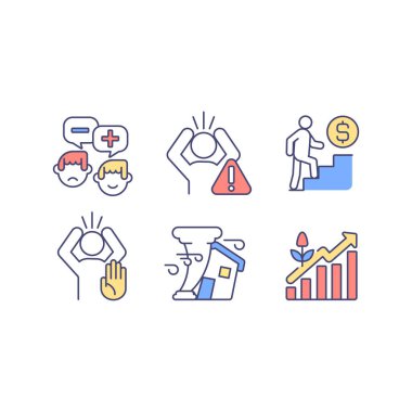 İklim şüpheciliği ve RGB renk simgeleri belirlendi. Görüş kutuplaşması. İnsani inkarlar. Çevresel sorunları göz ardı ederek. İzole vektör çizimleri. Basit çizgi çizimleri koleksiyonu