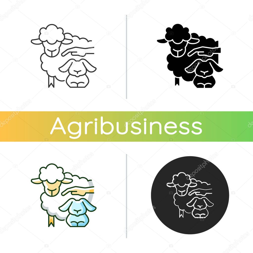 Petting zoo icon. Interactive zoo for kids. Persons able to touch and feed animals. Domesticated and docile animals. Linear black and RGB color styles. Isolated vector illustrations