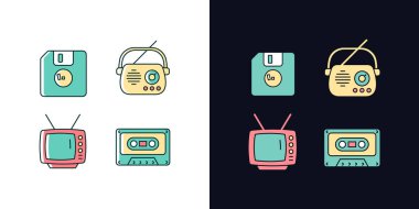 Koleksiyonluk vintage şeyler ışık ve koyu temalı RGB renk simgeleri seti. Disket. Antika radyo. Televizyon modeli. Beyaz ve siyah uzayda izole vektör çizimleri. Basit çizgi çizimleri paketi