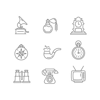 Retro ögeler doğrusal simgeler ayarlandı. Fonograf kayıtları. Klasik parfüm. Masa üstü saati. Sigara piposu. Özelleştirilebilir ince çizgi şekilleri. İzole vektör çizimi çizimleri. Düzenlenebilir vuruş